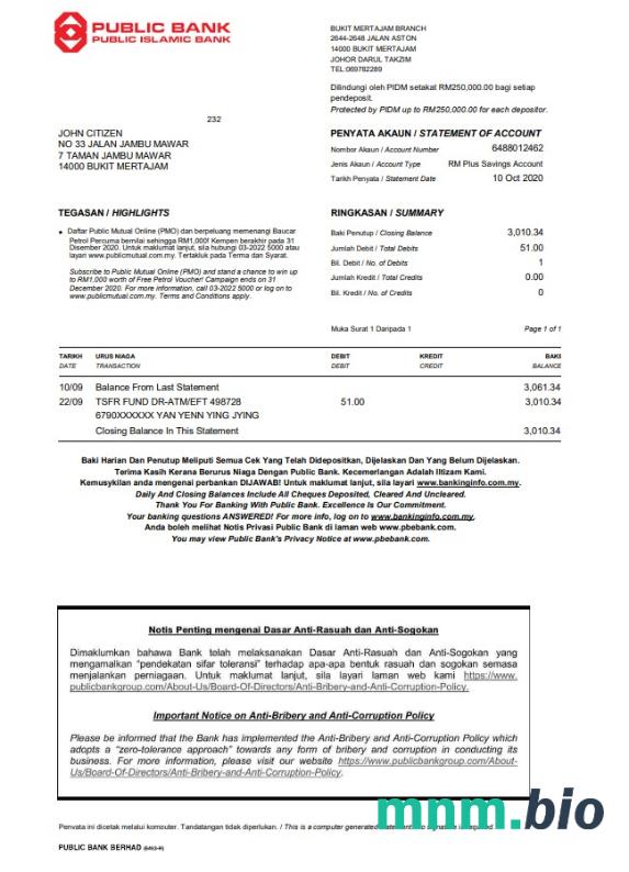 Malezja publiczne Islamskie fałszywe oświadczenie bankowe słowo i szablon PDF, 2 strony